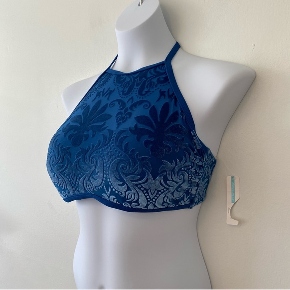 New Directions swim bikini top only blue halter velvet tie back and neck - Picture 2 of 4